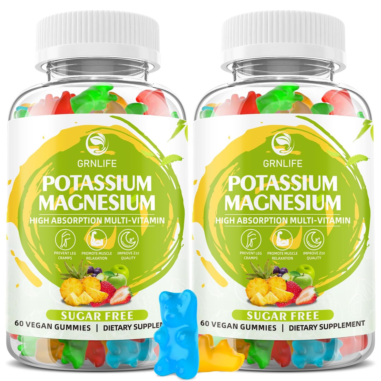Potassium Magnesium Supplement Gummies, Potassium Gummies for Adults Kids, High Absorption Magnesium Glycinate for Leg Cramps Immune Health, Sugar-Free, Vegan Mixed Flavors, 120 Count