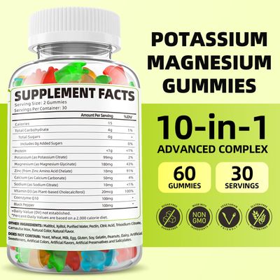 Potassium Magnesium Supplement Gummies, Potassium Gummies for Adults Kids, High Absorption Magnesium Glycinate for Leg Cramps Immune Health, Sugar-Free, Vegan Mixed Flavors, 120 Count