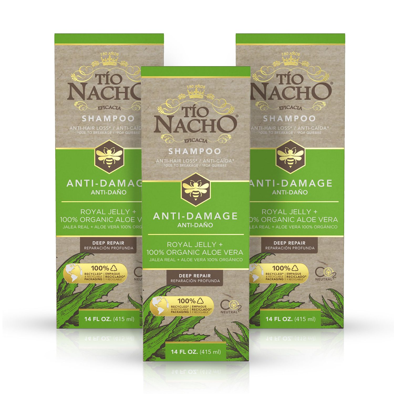 Tio Nacho Aloe Vera Deep Repair Shampoo, Organic Aloe Vera and Royal Jelly for Hair Repair and Protection, with Vegetable Keratin for Strength and Shine, Paraben, Salt, Silicone-Free, 14 Oz (3 Pack)