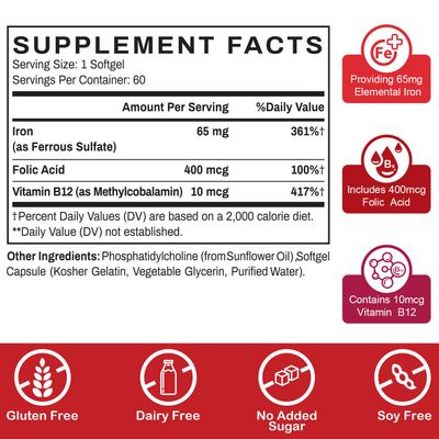 Liposomal Fe Iron Supplement for Women,65 mg Iron Supplements with Folic Acid Vitamin B12 for Men,Red Blood Cell Production,Energy Support for Adults Iron Deficiency 60 Softgels(1 Bottle)