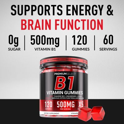 Vitamin B1 Gummies - Sugar Free B1 Gummies with Thiamine, CoQ10 Magnesium - B1 Vitamins for Women Men, Adults Kids - Thiamine Gummies for Energy Nerve Support - 120 Count, 2-Month Supply