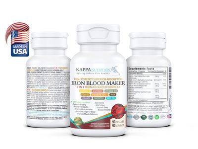 KAPPA NUTRITION Iron 26mg, Vitamin C Orange 150mg, Folate 667mcg DFE, Vitamin B12, Beetroot, Brewers Yeast, Broccoli MCT Oil 9 in 1 Advanced Complex (90 Capsules)