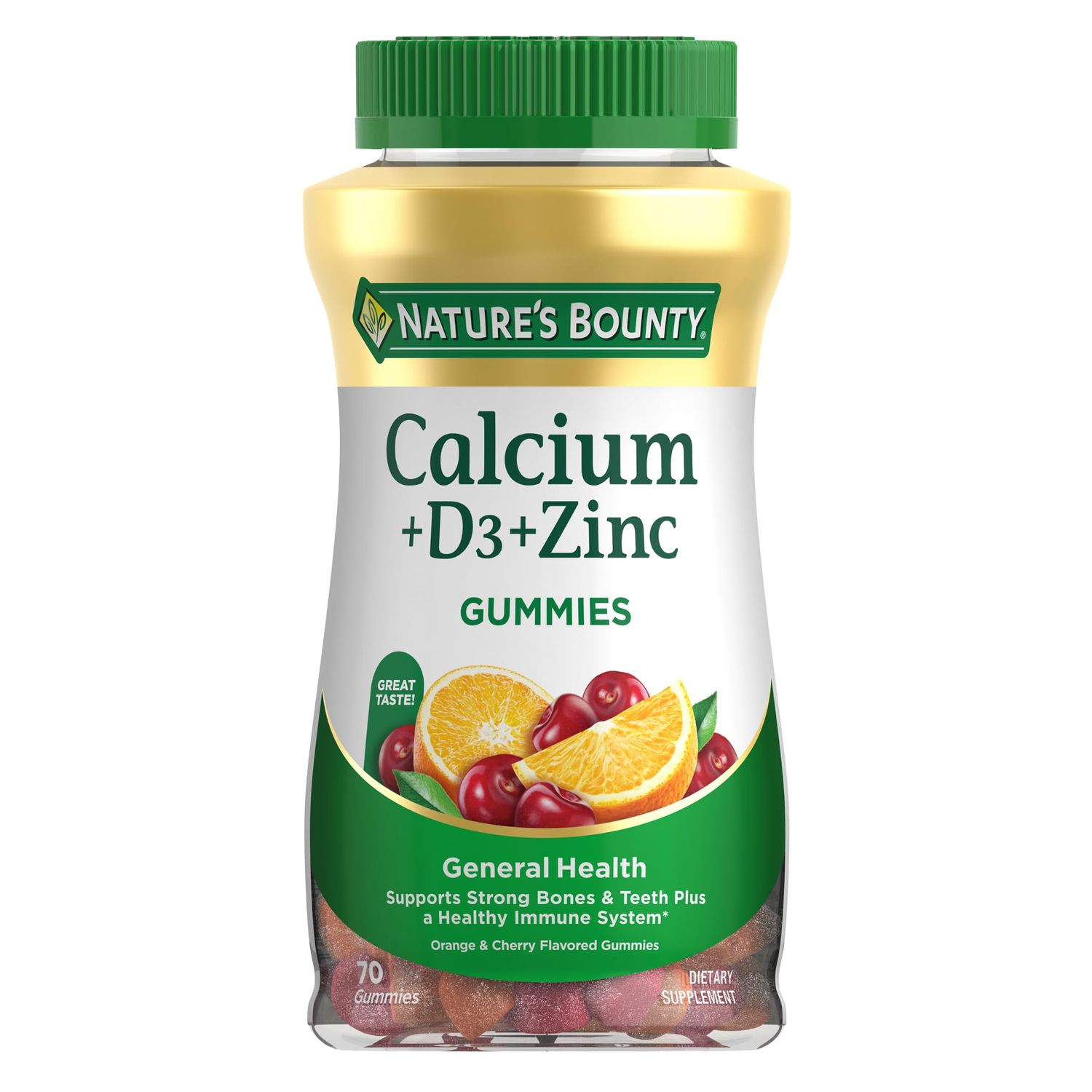 Nature&#39;s Bounty Calcium D3 Zinc Gummies, Supports Strong Bones Teeth Plus a Healthy Immune System, 500mg, Orange and Cherry Flavored, 70 Gummies