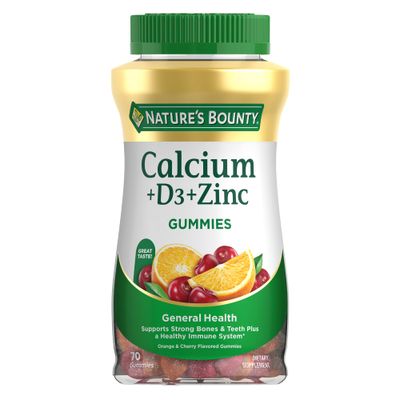 Nature&#39;s Bounty Calcium D3 Zinc Gummies, Supports Strong Bones Teeth Plus a Healthy Immune System, 500mg, Orange and Cherry Flavored, 70 Gummies
