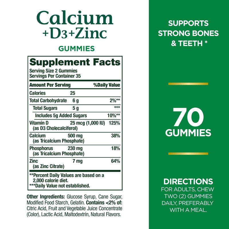 Nature's Bounty Calcium D3 Zinc Gummies, Supports Strong Bones Teeth Plus a Healthy Immune System, 500mg, Orange and Cherry Flavored, 70 Gummies