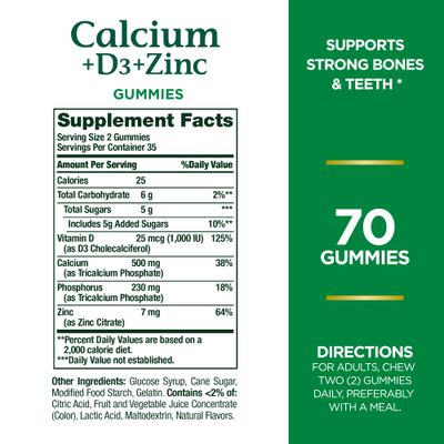 Nature's Bounty Calcium D3 Zinc Gummies, Supports Strong Bones Teeth Plus a Healthy Immune System, 500mg, Orange and Cherry Flavored, 70 Gummies
