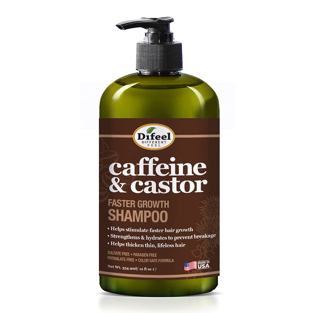 Difeel Caffeine Castor Faster Growth Shampoo 12 oz., Made with Castor Oil for Hair Growth, Sulfate Free Shampoo