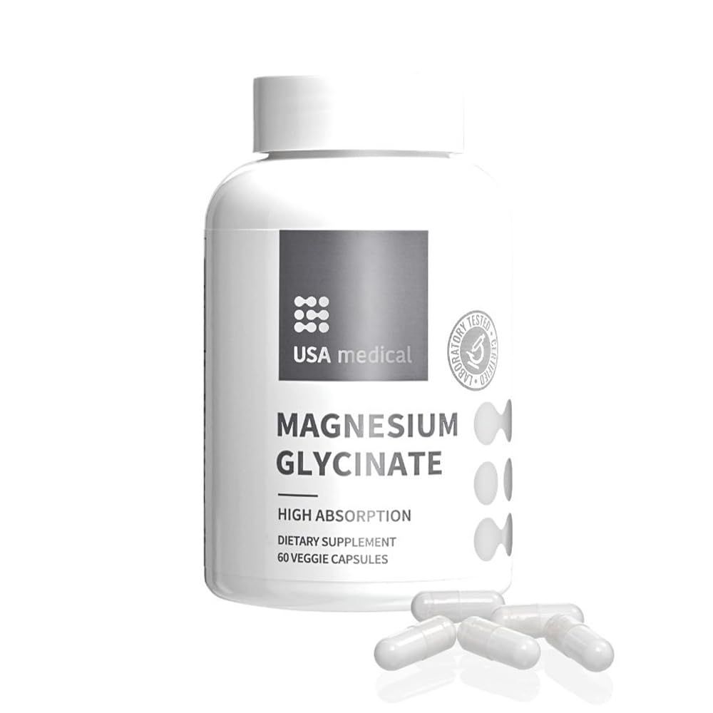 USA Medical Magnesium Glycinate - High Absorption for Deep REM Sleep, Muscle Relaxation, Stress Relief - Magnesium Bis-Glycinate 60 Capsules