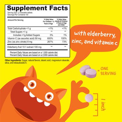VitaWorks Kids Elderberry With Zinc and Vitamin C - Immune Support Supplement Chewable Tablets - Tasty Natural Mixed Berry Flavor - Vegan, Vegetarian, Gluten Free, Non-GMO, for Children, 120 Chewables