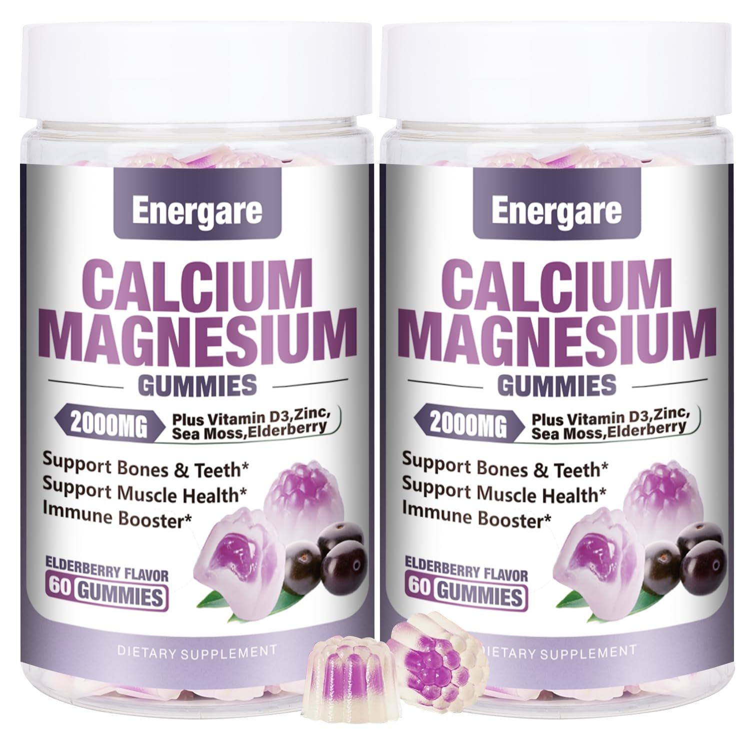 2 Packs Calcium Magnesium Zinc Gummies with Vitamin D3, Sea Moss, Calcium Gummies for Bone, Muscles, Calm Mood Support, Supplements for Kids Adults, Sugar-Free, Vegan, Elderberry Flavor, 120ct