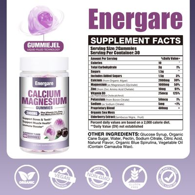 2 Packs Calcium Magnesium Zinc Gummies with Vitamin D3, Sea Moss, Calcium Gummies for Bone, Muscles, Calm Mood Support, Supplements for Kids Adults, Sugar-Free, Vegan, Elderberry Flavor, 120ct