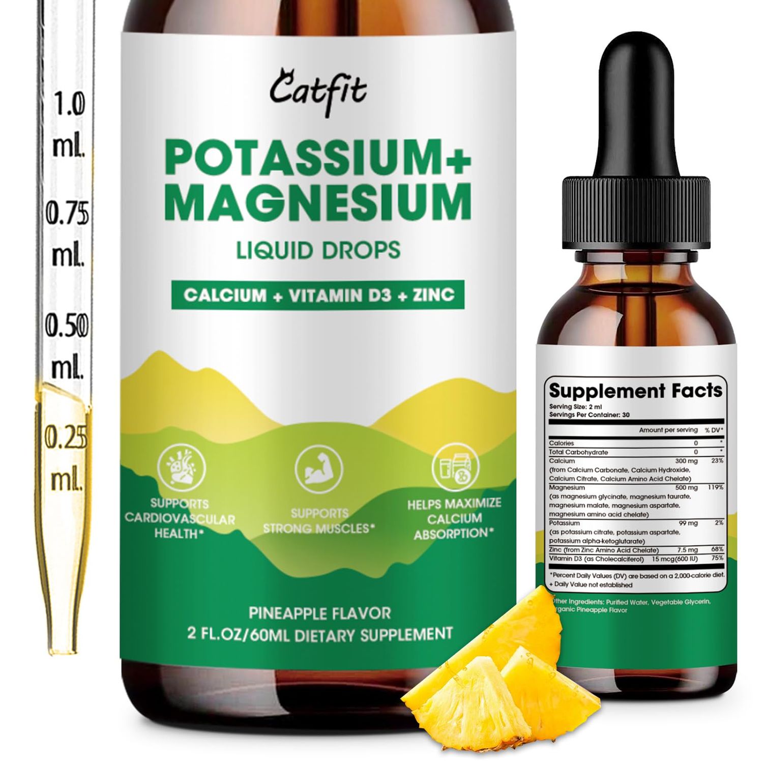 Potassium Magnesium Glycinate Supplement-High Absorption Magnesium Complex Liquid Drop with Calcium, Potassium, Vitamin D3 Zinc for Sleep,Leg Cramps, Muscles Energy, Sugar FreeVegan 2 Fl Oz