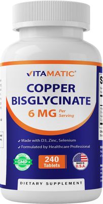 Vitamatic Copper Bisglycinate 6 mg Made with Vitamin D3 2000 IU, Zinc 50mg, Selenium 50mcg - 240 Tablets - Non-GMO Gluten Free