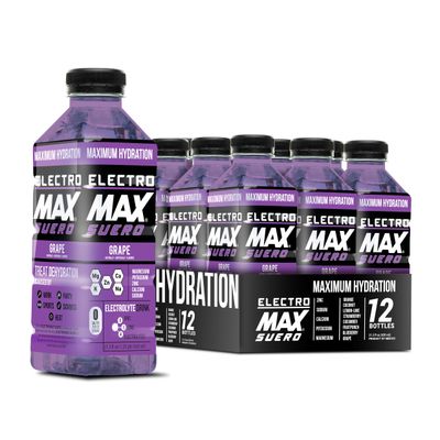 ELECTROMAX SUERO - Zero Sugar Electrolyte Drink - 12-Pack (21.3 Fl Oz Each), Hydration for Sports, Recovery, and Daily Use - Magnesium, Potassium, Zinc, Calcium - Zero Calories. (Grape)