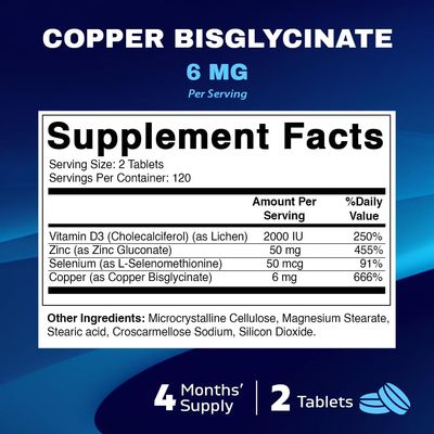 Vitamatic Copper Bisglycinate 6 mg Made with Vitamin D3 2000 IU, Zinc 50mg, Selenium 50mcg - 240 Tablets - Non-GMO Gluten Free