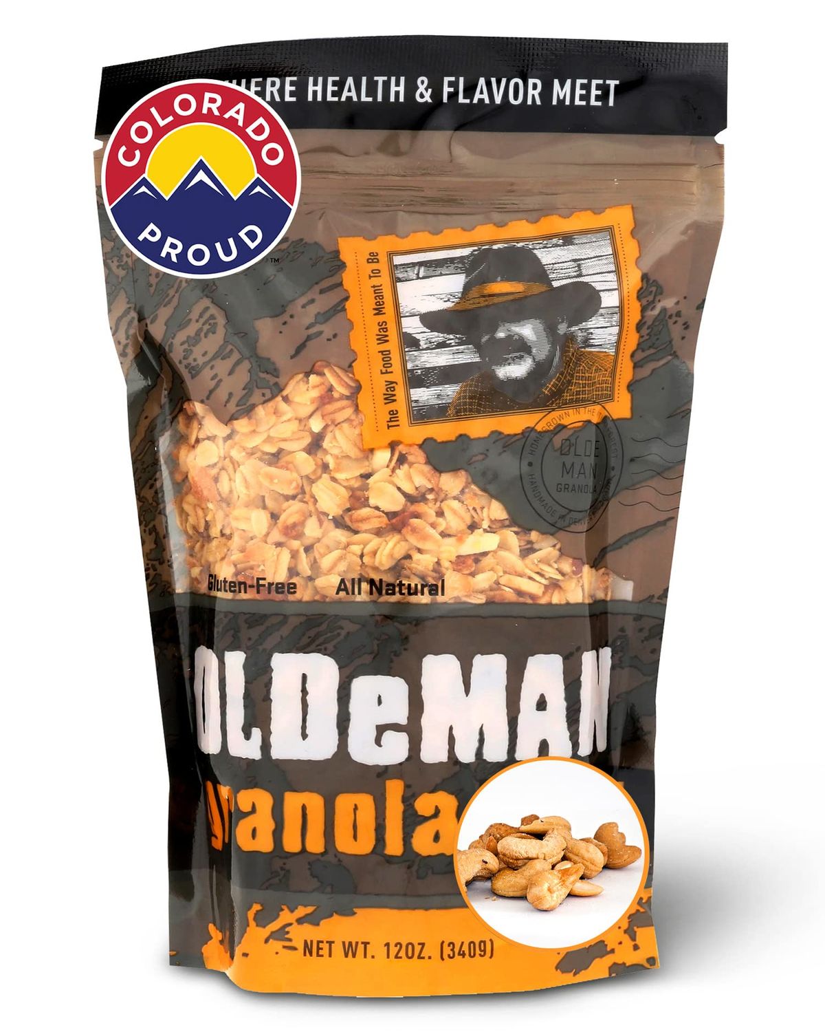 Olde Man Granola Gluten Free Granola - Non-GMO Healthy Granola Cereal - Soft Whole Grain Oats, Butter, Brown Sugar - Handmade in Colorado (Original Nut, 12oz Pack)