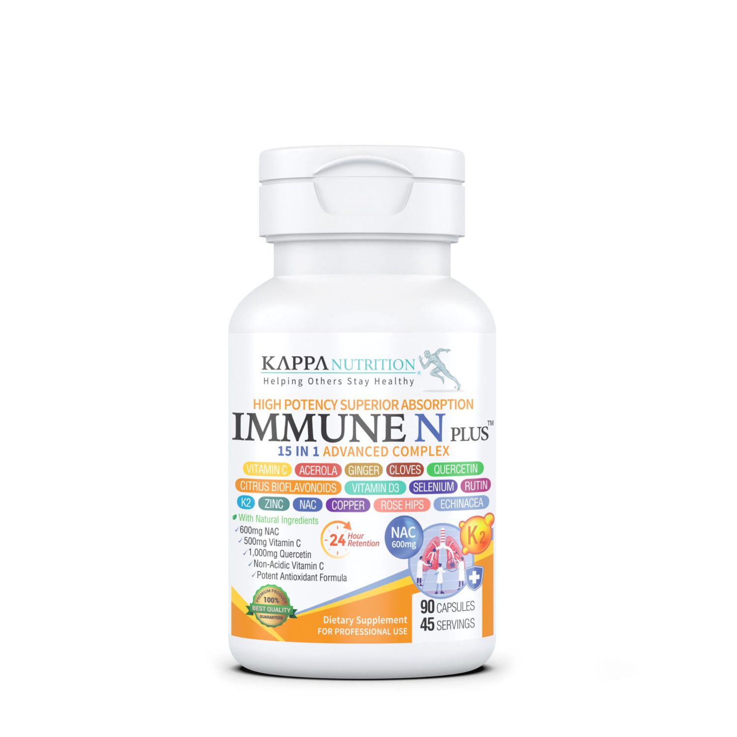 (90 Capsules), NAC 600mg, Quercetin 1,000mg, Vitamin C 500mg, Zinc 50mg, Vitamin D3 5,000iu, Selenium, Copper, Acerola, Ginger, Rutin, Citrus Bioflavonoids, Rose Hips, Echinacea, Immune N Plus 15 in 1