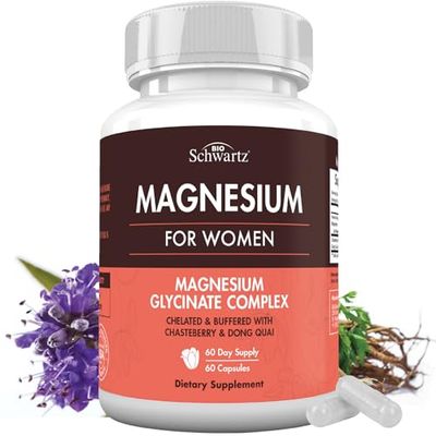 4 in 1 Magnesium Supplement for Women - Magnesium Glycinate with Chasteberry Dong Quai and Vitamin B6 for Stress Relief, Healthy Sleep, Nerves, Bones, Muscles (Manufactured in The USA) 60 Capsules