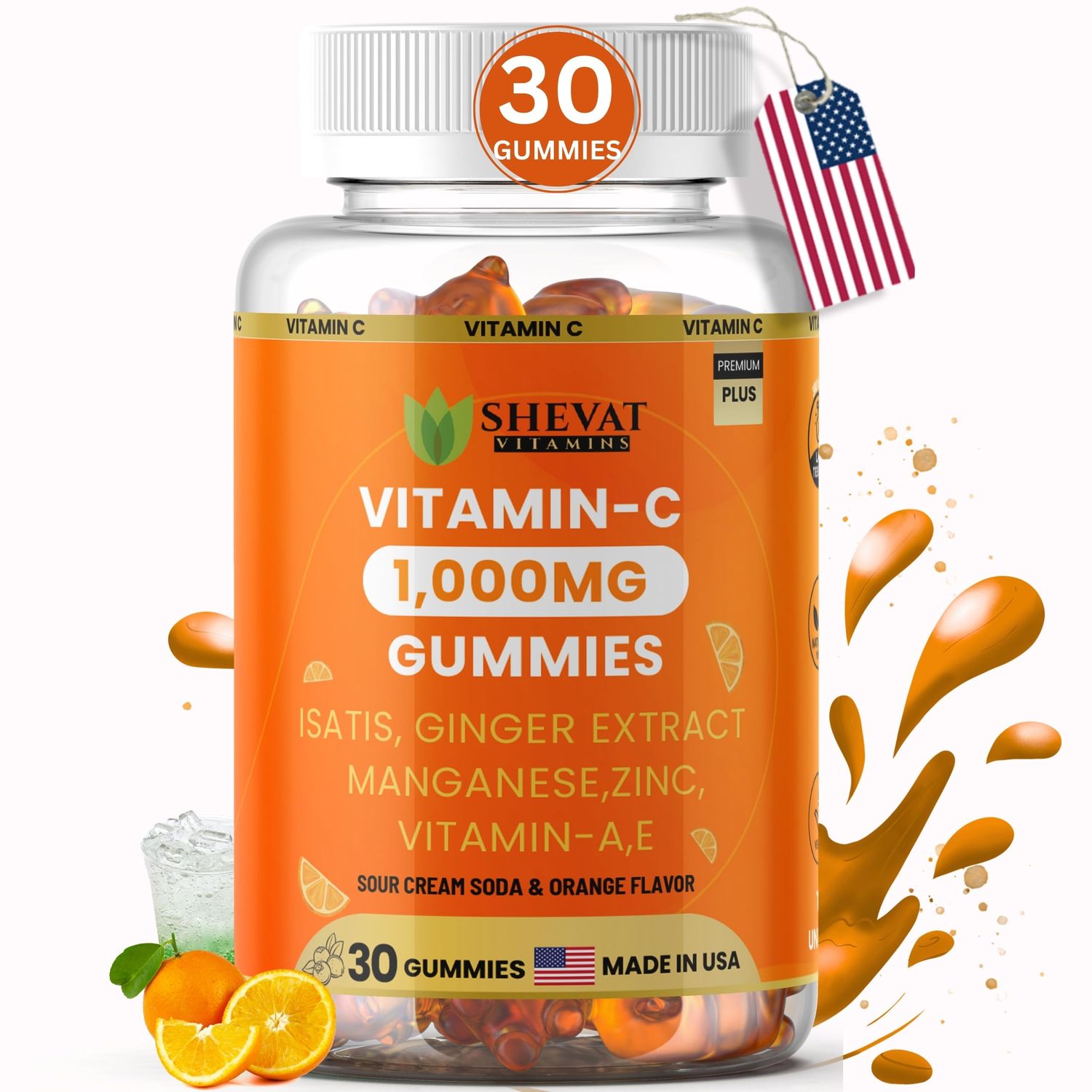 SHEVAT VITAMINS Vitamin C Gummies 1000mg - Antioxidant Immune Support with Zinc, Ginger, Isatis Manganese - Vitamin A E - Sour Cream Soda Orange Flavor - 30 Gummies, Made in USA
