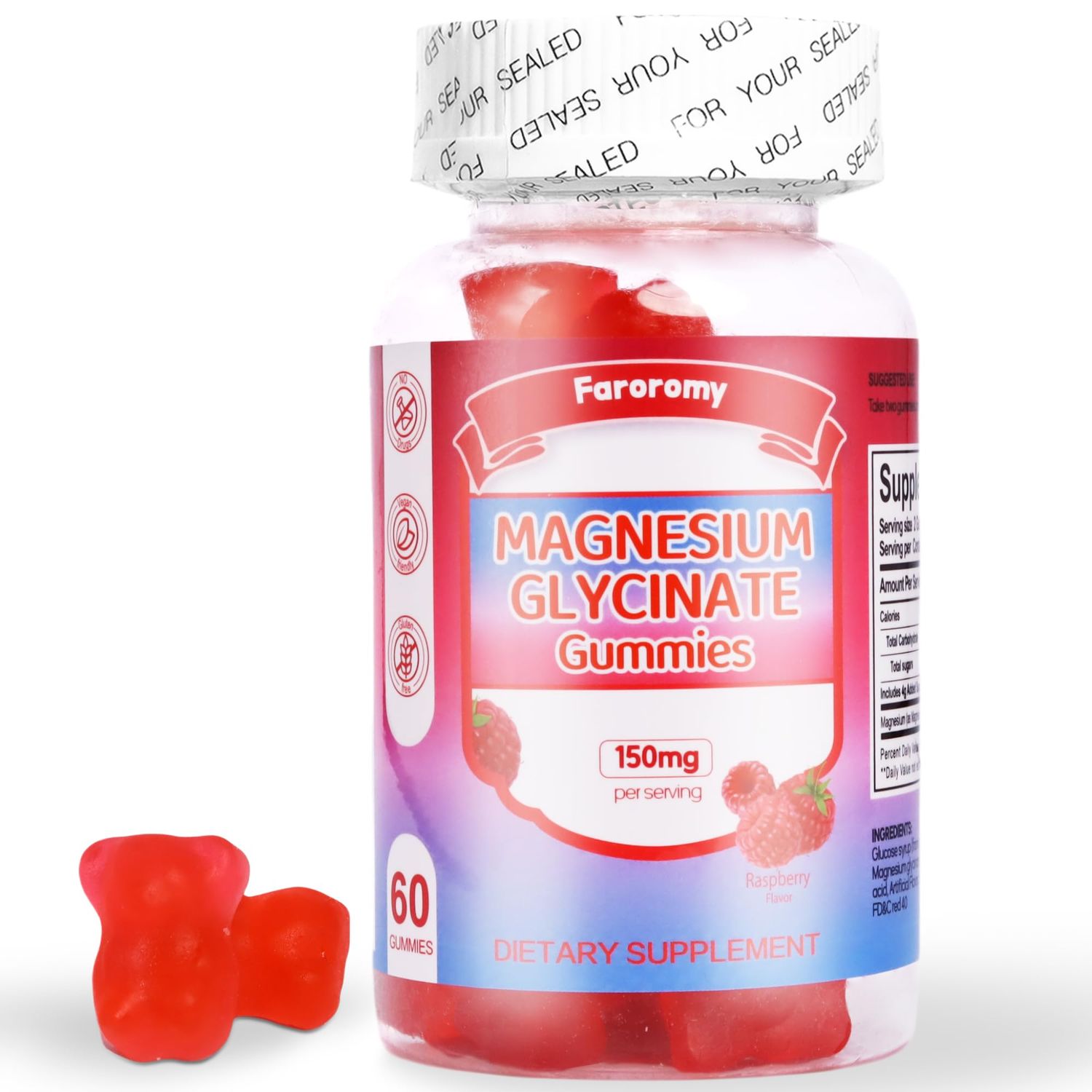 Faroromy Magnesium Glycinate Gummies for Men and Women, Raspberry Flavor, 150 mg Magnesium Glycinate for Sleep and Relieve Mood, 30 Day Supply, 60 Count