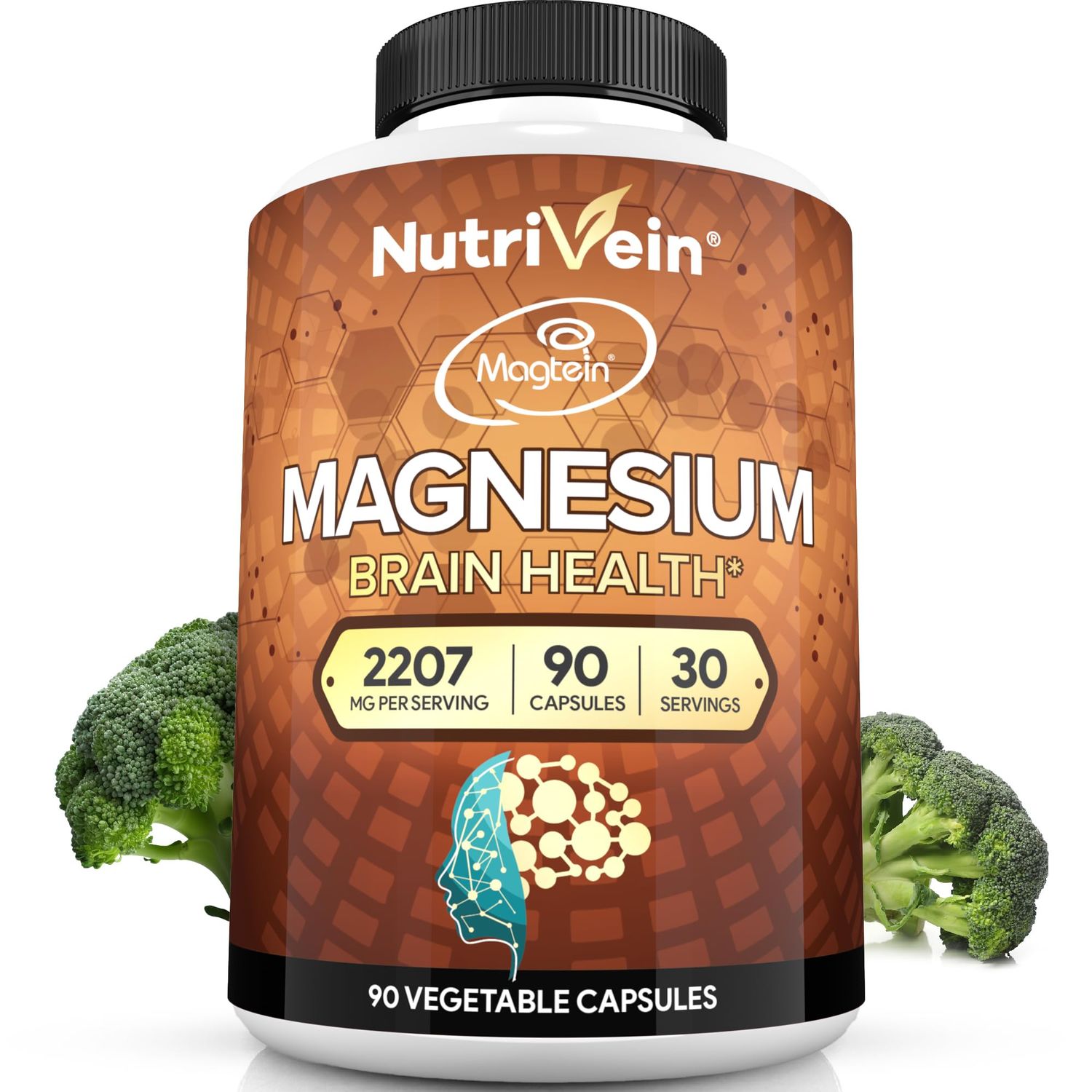 Nutrivein Premium Magnesium L-Threonate Supplement (Magtein) 2207 mg - 90 Caps (3 a Day): High-Absorption Magnesium Threonate for Brain, Sleep, Mood Recovery