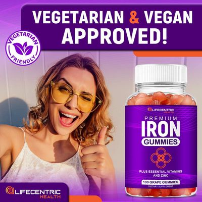 LifeCentricHealth Iron Gummies for Adults Kids Biotin Zinc Vitamin B Folic Acid Gummies Vegan Gluten Free for Women Men