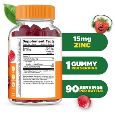Lifeable Zinc Gummies for Kids 15mg Great Tasting Kids Zinc Supplements GMO Free Vegetarian Zinc Vitamins for Healthy Skin and Immune Support for Kids and Children 90 Gummies