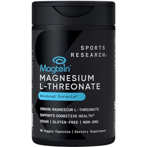 Sports Research Magtein Magnesium L-Threonate Capsules - Magnesium Supplement for Memory, Focus Cognition - Magnesium L Threonate Supports Brain Health, Sleep Mood - 2000mg, 90 Capsules for Adults