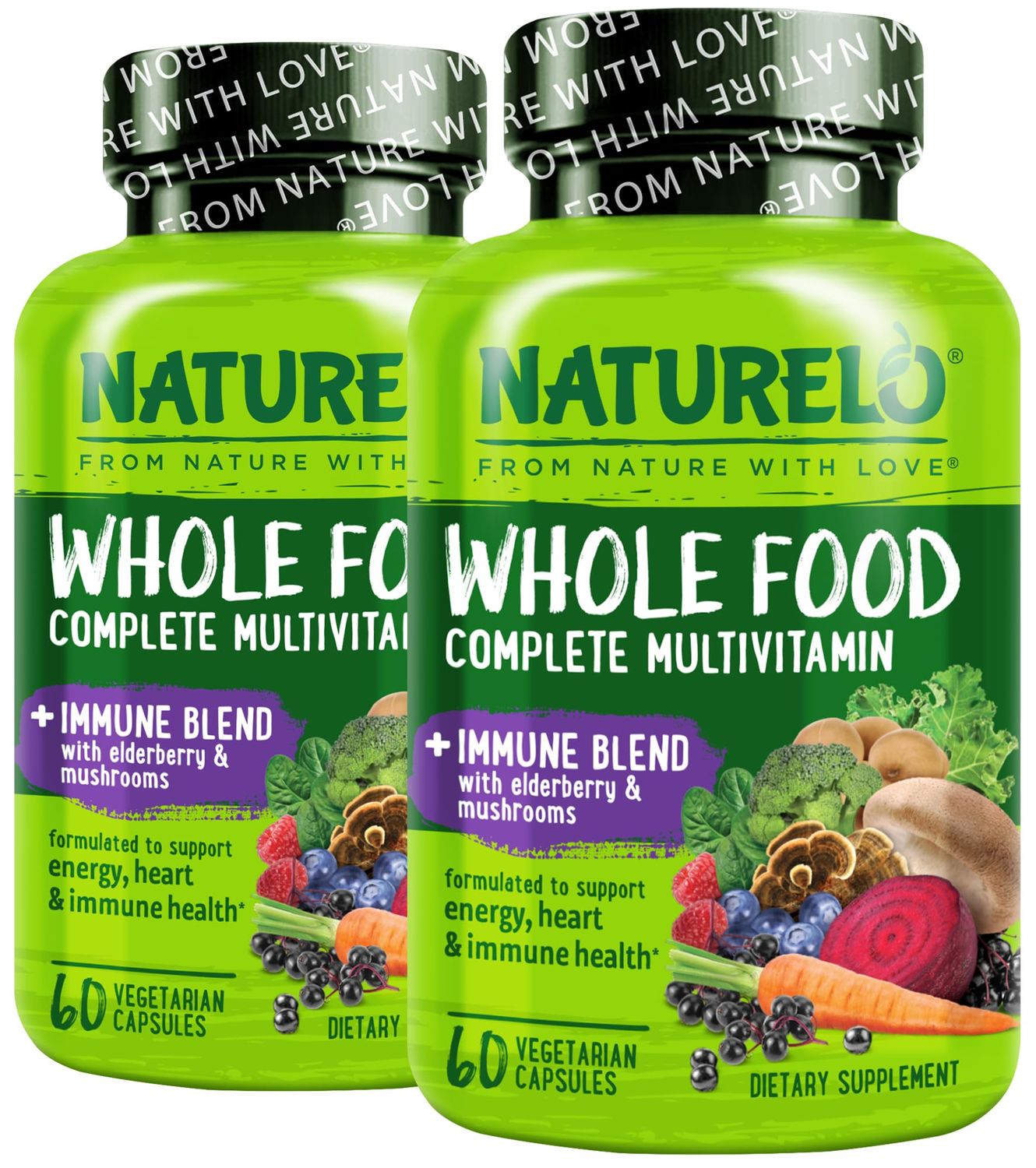 NATURELO Whole Food Multivitamin Immune Blend with Elderberry Mushrooms - Complete Multivitamin with Extra Immune Support - C, D3, Zinc, Elderberry, Reishi, Shitake, 60 Vegan Capsules (Pack of 2)