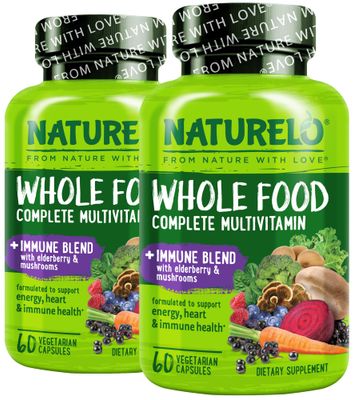 NATURELO Whole Food Multivitamin Immune Blend with Elderberry Mushrooms - Complete Multivitamin with Extra Immune Support - C, D3, Zinc, Elderberry, Reishi, Shitake, 60 Vegan Capsules (Pack of 2)