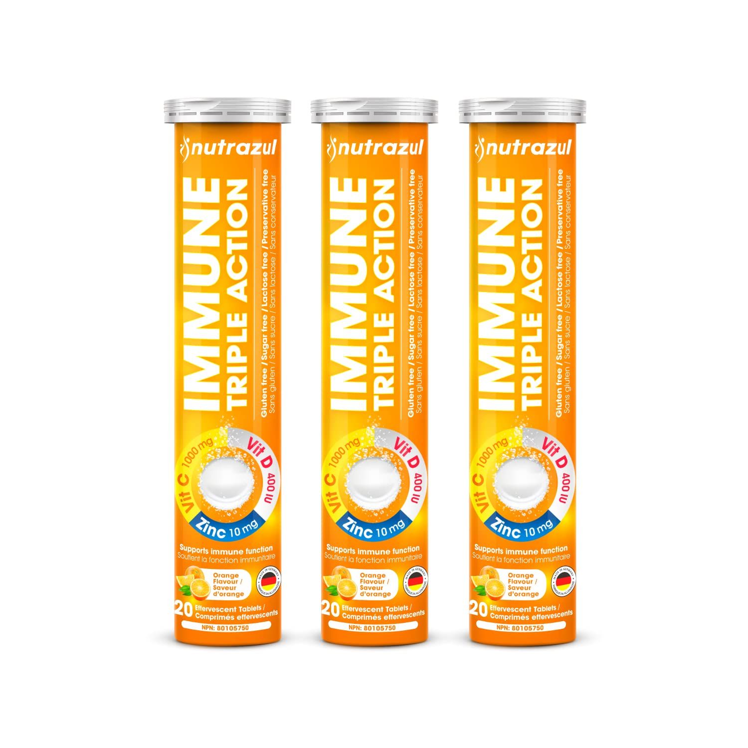 nutrazul Immune Triple Action Effervescent Tablet-1000 mg Vitamin C, Vitamin D, Zinc I Orange 20&#39;s (Pack of 3) I Gluten Free, Sugar Free, Lactose Free Preservative Free I Maintains Immune Function