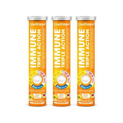 nutrazul Immune Triple Action Effervescent Tablet-1000 mg Vitamin C, Vitamin D, Zinc I Orange 20&#39;s (Pack of 3) I Gluten Free, Sugar Free, Lactose Free Preservative Free I Maintains Immune Function