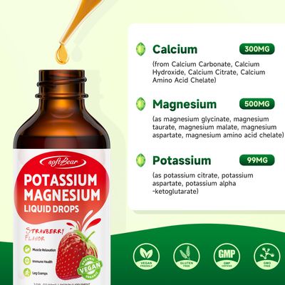 softbear Potassium Magnesium Liquid Drops, High Absorption Calcium Magnesium Potassium Liquid for Bone Muscle Health Liquid Potassium and Magnesium Supplement Drops Strawberry Flavor 2 Fl Oz