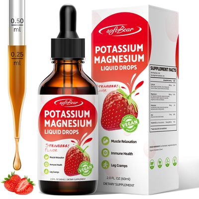 softbear Potassium Magnesium Liquid Drops, High Absorption Calcium Magnesium Potassium Liquid for Bone Muscle Health Liquid Potassium and Magnesium Supplement Drops Strawberry Flavor 2 Fl Oz