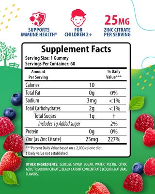 Zinc Gummies for Kids - Chewable Zinc Gummy Supplement for Children Immune Support - Low Sugar Natural Antioxidant Non-GMO Vitamin Chewables for Toddlers Teens