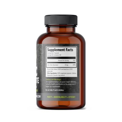 Zinc Glycinate 23 mg Supplement - 60 Vegan Caps by Pure Lab Vitamins - Amino Acid Salt for Healthy Skin Nails - Supports The Immune System, Prostate, Vision - Made in Canada