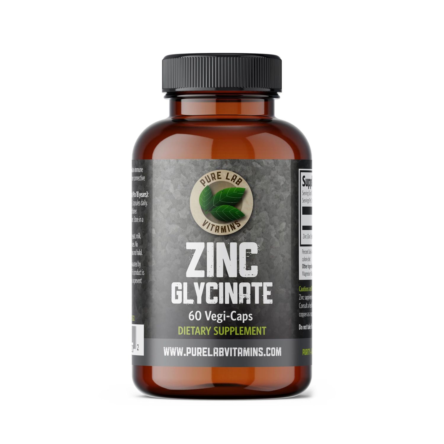 Zinc Glycinate 23 mg Supplement - 60 Vegan Caps by Pure Lab Vitamins - Amino Acid Salt for Healthy Skin Nails - Supports The Immune System, Prostate, Vision - Made in Canada
