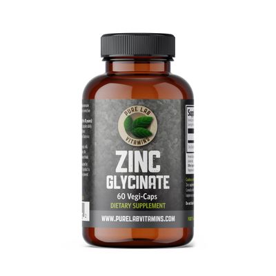 Zinc Glycinate 23 mg Supplement - 60 Vegan Caps by Pure Lab Vitamins - Amino Acid Salt for Healthy Skin Nails - Supports The Immune System, Prostate, Vision - Made in Canada