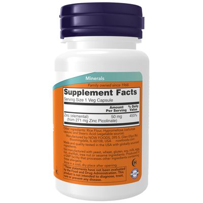 NOW Foods Supplements, Zinc Picolinate 50 mg, Supports Enzyme Functions, Immune Support, 30 Veg Capsules