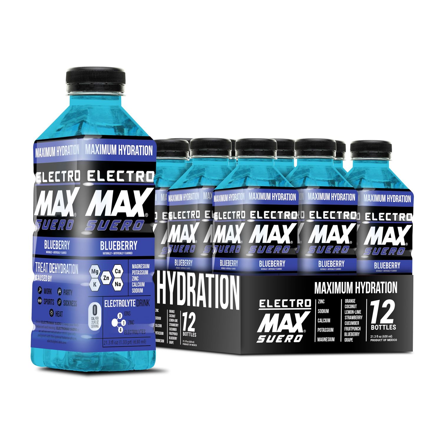 ELECTROMAX SUERO - Zero Sugar Electrolyte Drink - 12-Pack (21.3 Fl Oz Each), Hydration for Sports, Recovery, and Daily Use - Magnesium, Potassium, Zinc, Calcium - Zero Calories. (Blueberry)