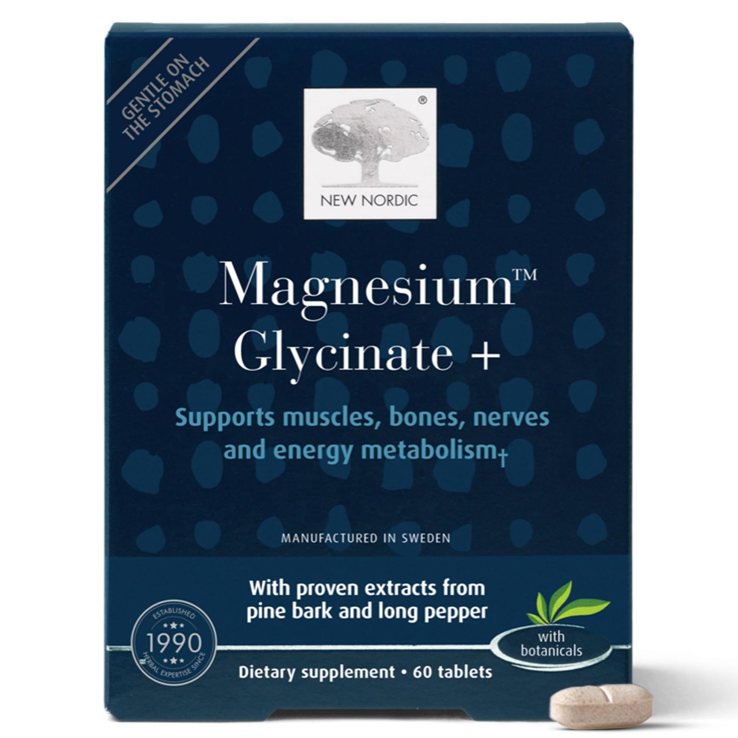 New Nordic Magnesium Glycinate, 220 mg Maximum Absorption Tablets with Pine Bark Long Pepper, Gentle on Stomach for Women Men, 30 Servings