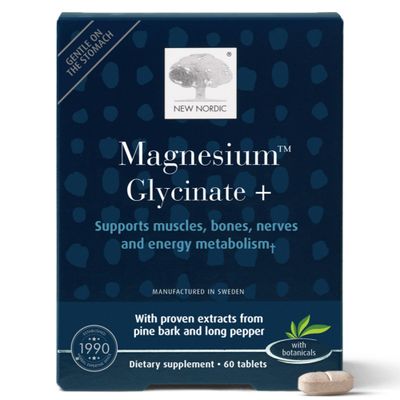 New Nordic Magnesium Glycinate, 220 mg Maximum Absorption Tablets with Pine Bark Long Pepper, Gentle on Stomach for Women Men, 30 Servings