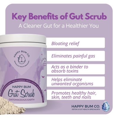 Happy Bum Gut Scrub - Diatomaceous Earth Food Grade for Humans Mineral Powder Supports Gut Health, Bloating Relief Rich in Silica, Zinc Minerals for Healthy Hair, Skin, Nail - 200g