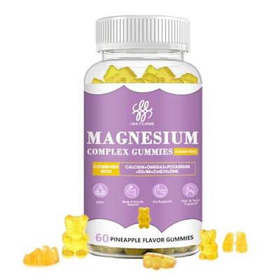 iMATCHME Magnesium Glycinate Gummies with Magnesium Malate, Taurate, Citrate, Potassium Complex Supplement with CoQ10, Calcium, Supports for Memory, Bone, Calm, Sleep, 60 Pineapple Gummies