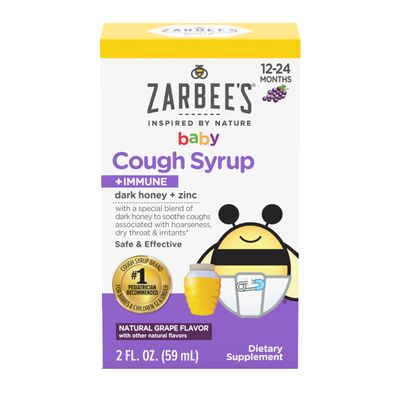 Zarbee&#39;s Baby Honey Cough Syrup Immune for Babies 12-24 Months, Safe Effective Cough Syrup with Soothing Dark Honey Zinc for Immune Support, Drug Alcohol-Free, Grape, 2 fl. Oz