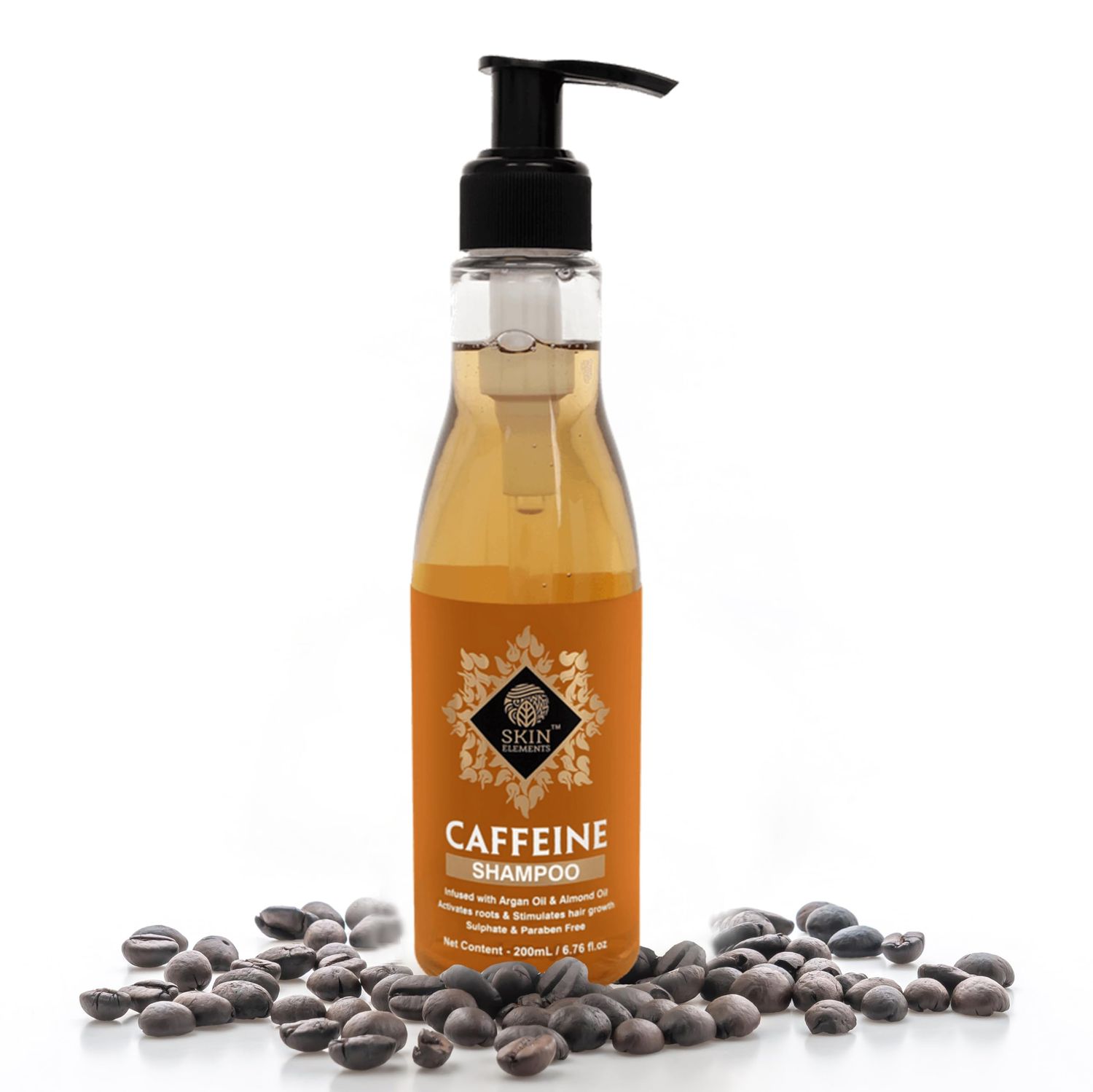 Skin Elements Caffeine Shampoo (6.76 fl.oz) - infused with Argan Almond Oil (Vitamin E Booster) for Hair Fall Control - SLS Paraben Free