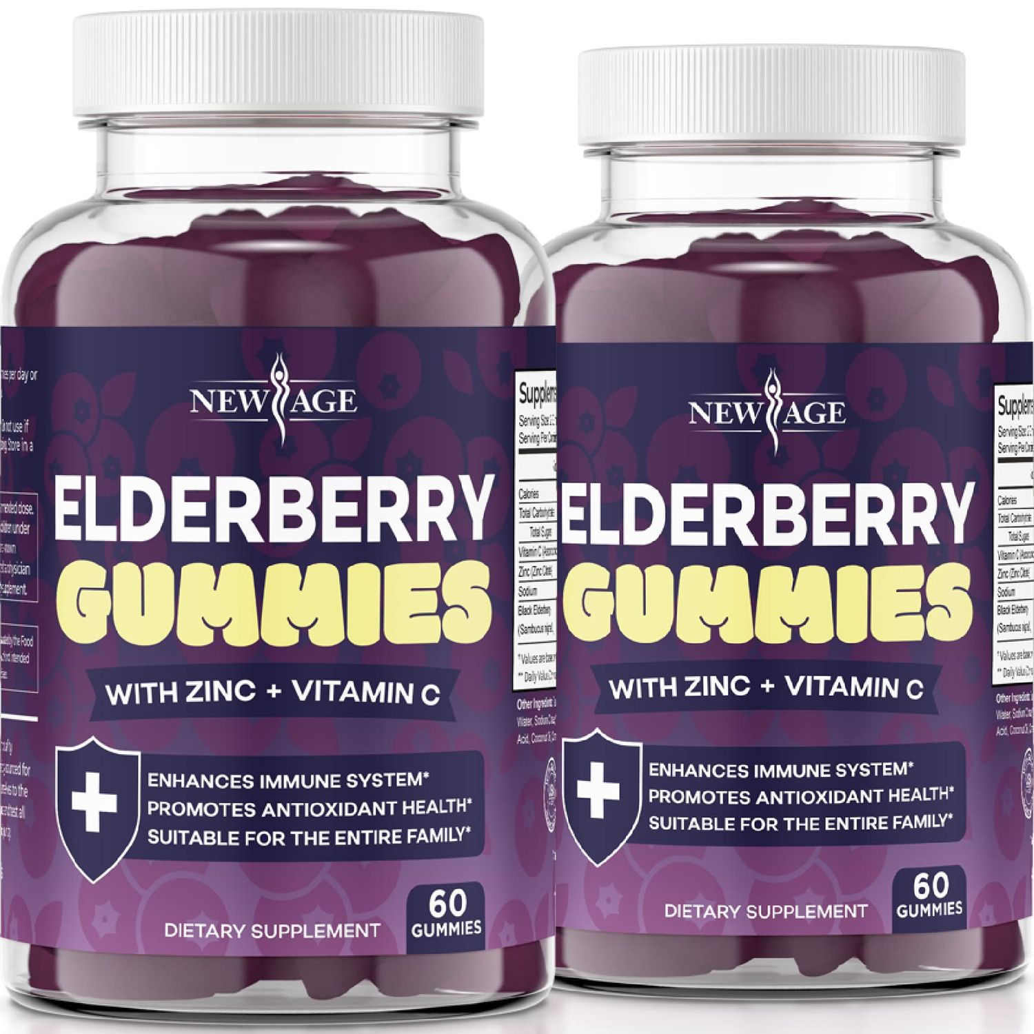 NEW AGE (2-Pack) Premium Elderberry Gummies for Adults Kids with Vitamin C, Zinc, Propolis - Sambucus Black Elderberry Gummy Extract - Gluten Free Vegetarian - 120 Gummies