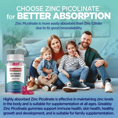 Greabby Zinc Gummies - Zinc Picolinate 50mg, Sugar Free, Highly Absorbable Zinc Picolinate Supplement for Kids Adults, Support Growth, Immune Function, Skin Health, 60 Gummies
