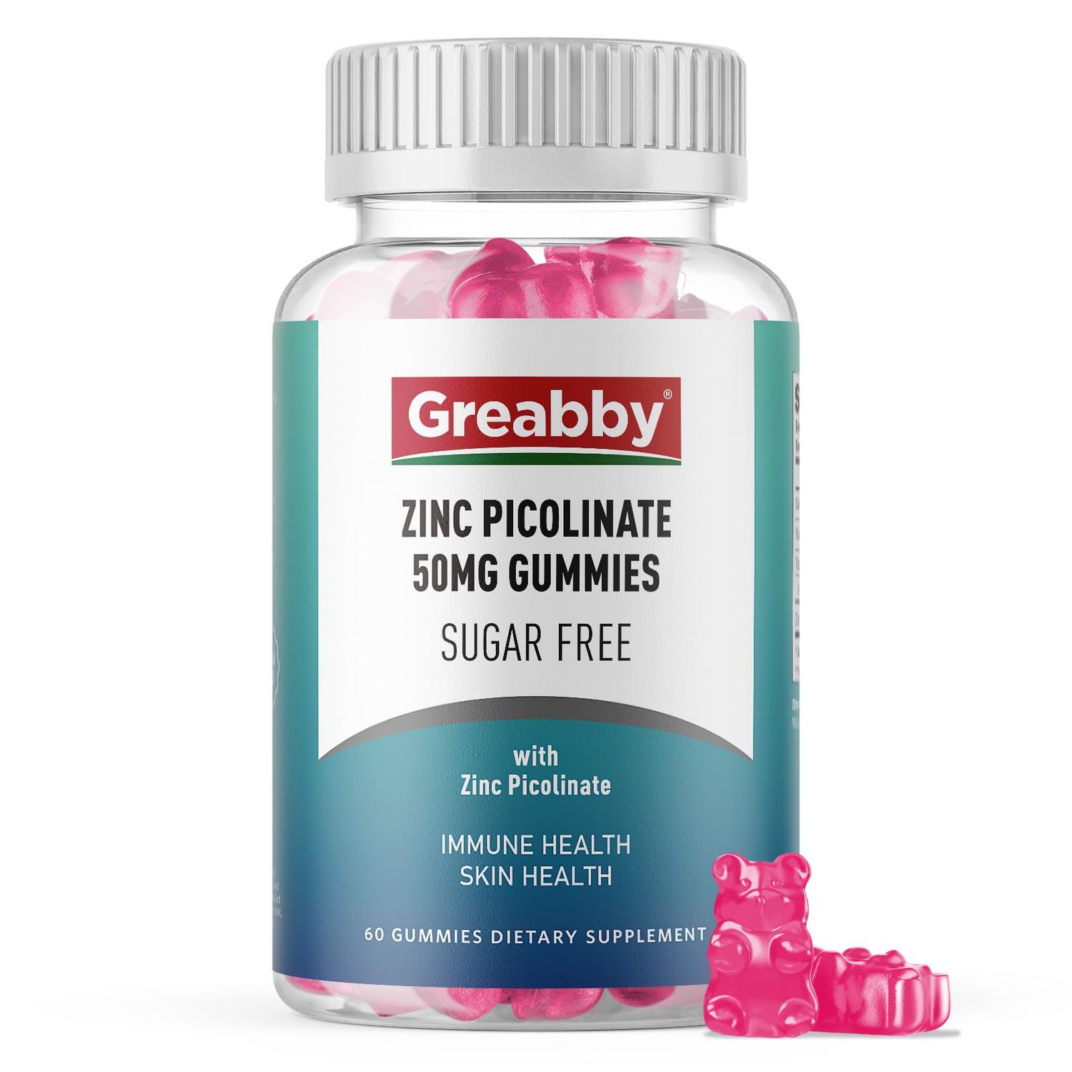 Greabby Zinc Gummies - Zinc Picolinate 50mg, Sugar Free, Highly Absorbable Zinc Picolinate Supplement for Kids Adults, Support Growth, Immune Function, Skin Health, 60 Gummies