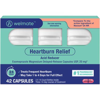 WELMATE - Esomeprazole Magnesium 20 mg - Heartburn Medicine - Acid Reducer - Delayed Release Heartburn Relief - 24hr Protection - for Men Women - 42 Capsules - 1 Pack